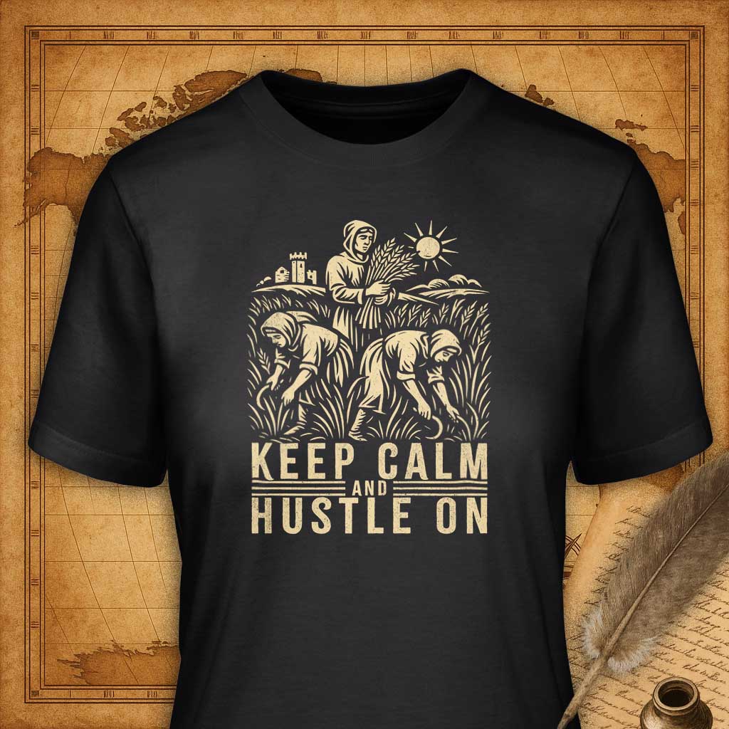 Black t-shirt with graphic design and 'Keep Calm and Hustle On' text on a vintage map background