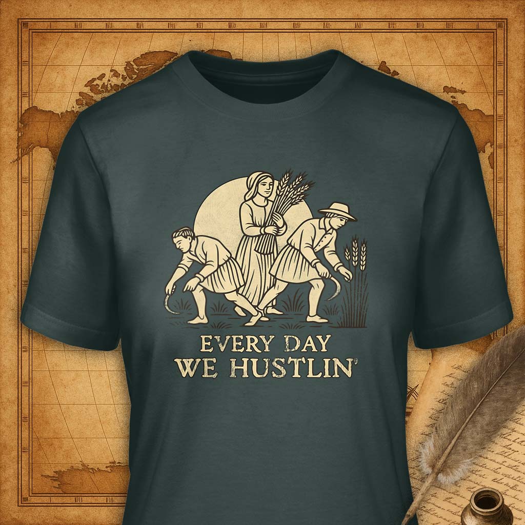 T-shirt with graphic design and text 'Every Day We Hustlin' on a vintage map background