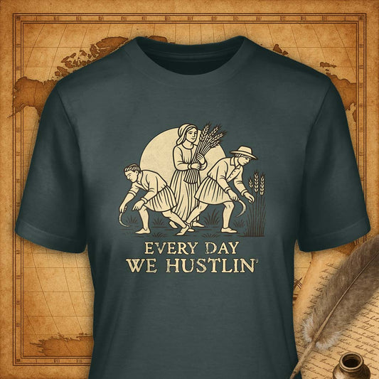 T-shirt with graphic design and text 'Every Day We Hustlin' on a vintage map background