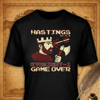Black t-shirt with pixelated design of a king holding an axe on a vintage map background