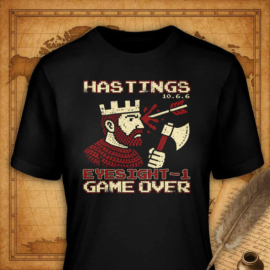 Black t-shirt with pixelated design of a king holding an axe on a vintage map background