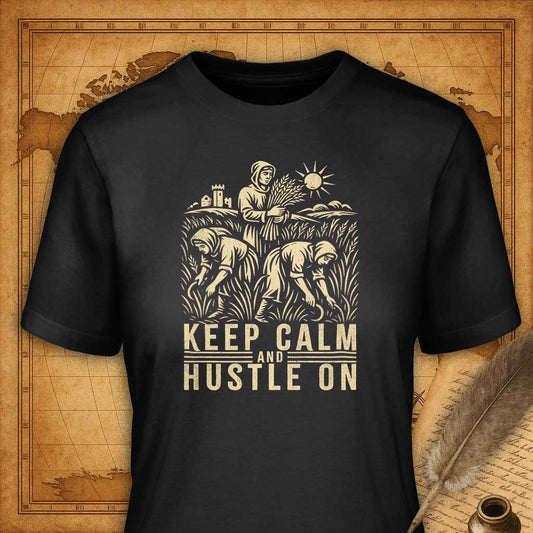 Black t-shirt with graphic design and 'Keep Calm and Hustle On' text on a vintage map background