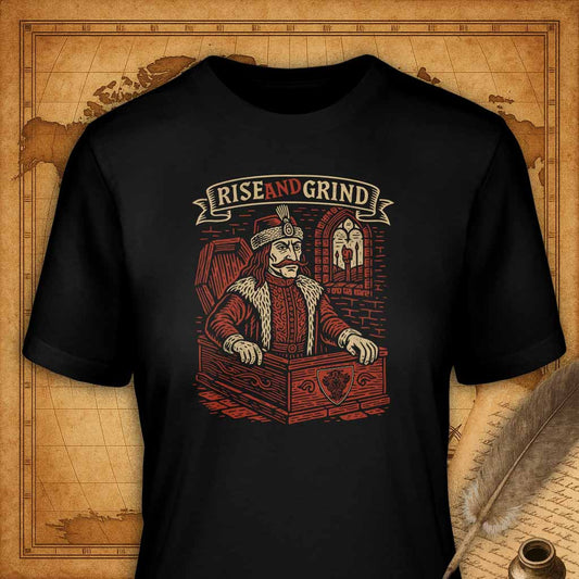 Black t-shirt with 'Rise and Grind' graphic design on a vintage map background